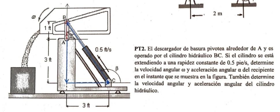 PT2. El descargador de basura pivotea alrededor de A y es operado por el cilindro hidráulico BC. Si el cilindro se está exten