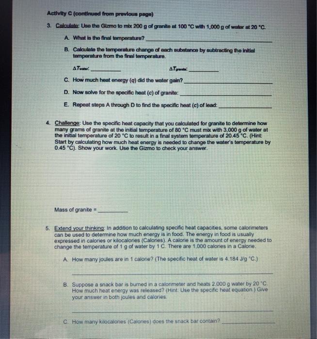 Calorimetry Lab Gizmo Answers Activity C / Name Date ...