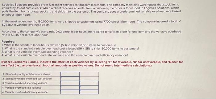 Solved Logistics Solutions Provides Order Fulfillment | Chegg.com