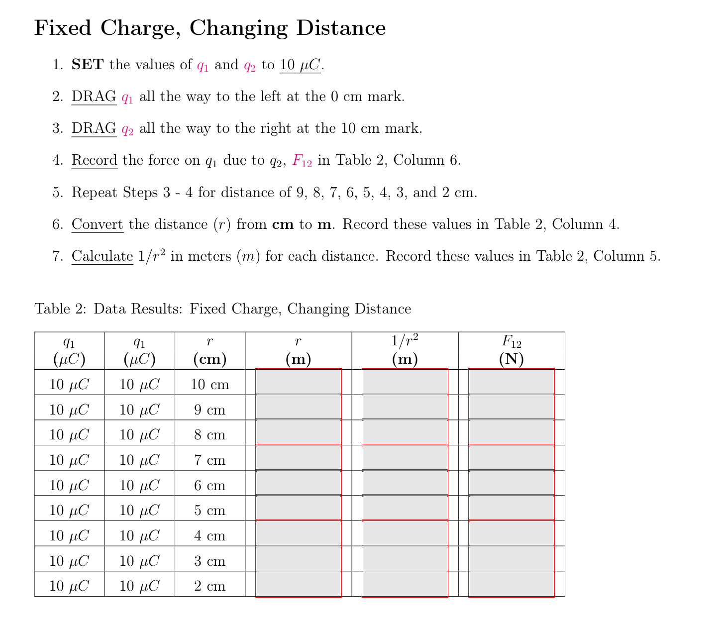 Solved Fixed Charge, Changing DistanceSET the values of q1 | Chegg.com