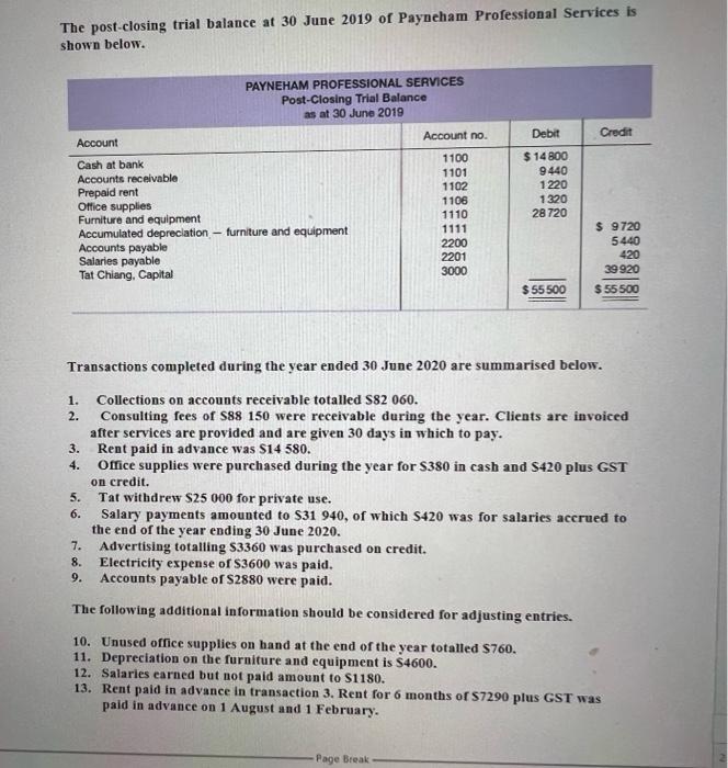 prepare a post closing trial balance at june 30 2019