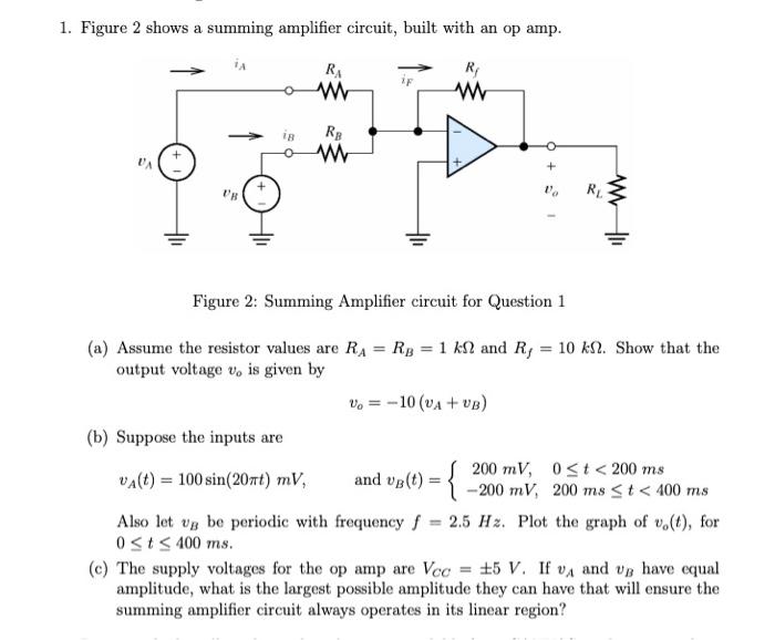 1. Figure 2 shows a summing amplifier circuit, built with an op amp.
Figure 2: Summing Amplifier circuit for Question 1
(a) A