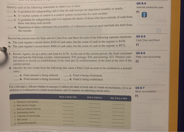 Solved QS 8-4 Internal Control For Cash P1 Identify Each Of | Chegg.com