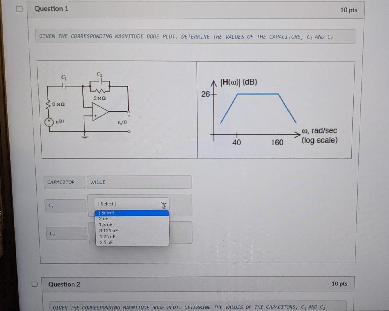 Given the CORRESPONDING MAGNITUDE BODE PLOT. DETERMINE THE VALUES OF THE CAPACITORS, \( C_{1} \) And \( C_{2} \)