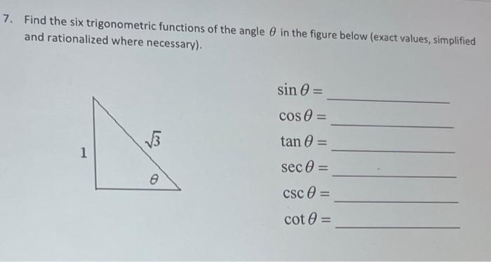 Solved 7. Find the six trigonometric functions of the angle | Chegg.com