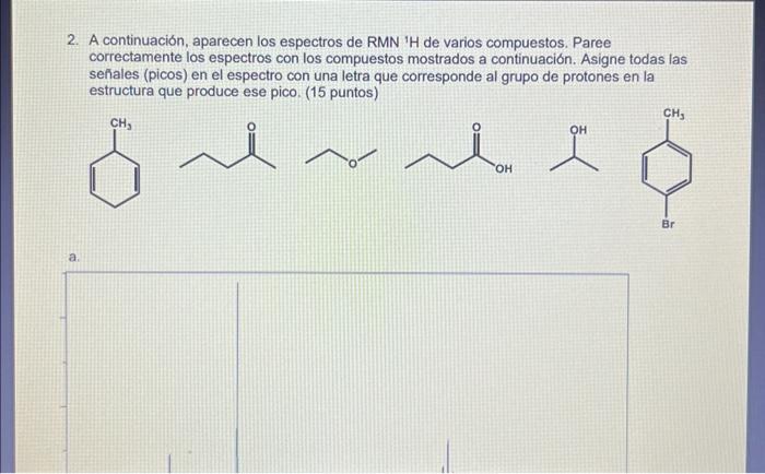 2. A continuación, aparecen los espectros de \( \mathrm{RMN}^{1} \mathrm{H} \) de varios compuestos. Paree correctamente los