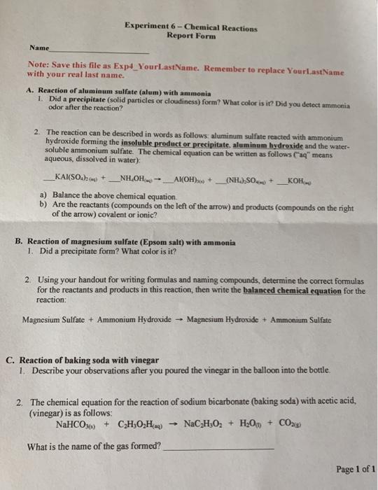 Solved Experiment 6 Chemical Reactions Report Form Name N Chegg Com