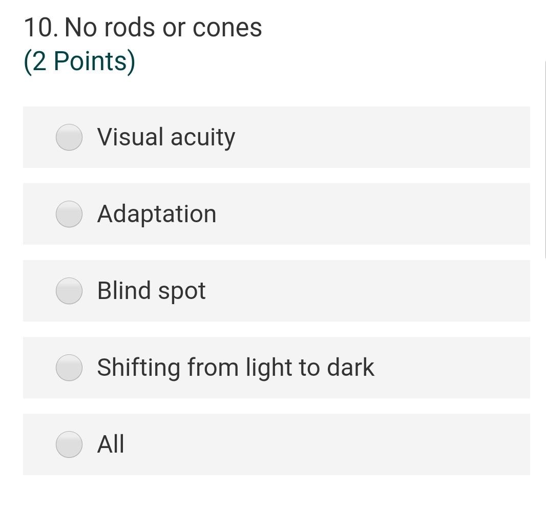 Solved 10. No rods or cones (2 Points) Visual acuity | Chegg.com