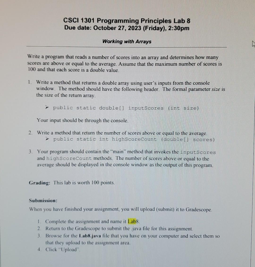 Solved CSCI 1301 Programming Principles Lab 8 Due Date: | Chegg.com