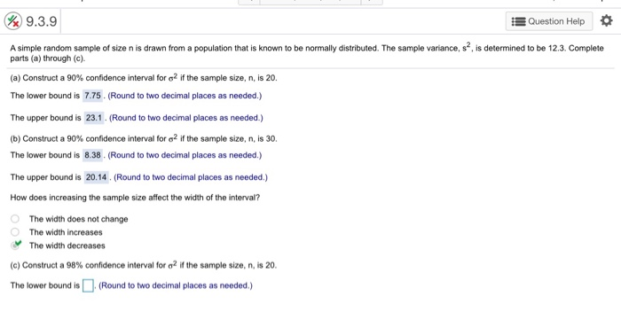Solved 9.3.9 Question Help A simple random sample of size n | Chegg.com