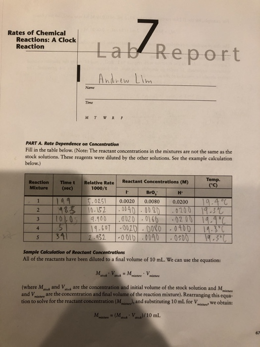 Solved Rates of Chemical Reactions A Clock Reaction Labd