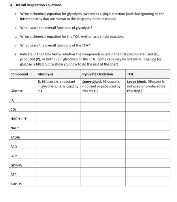 Solved 3) Overall Respiration Equations: a. Write a chemical | Chegg.com