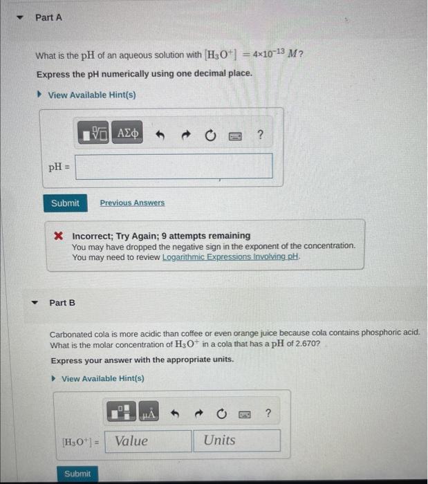 Solved - Part A What Is The PH Of An Aqueous Solution With | Chegg.com