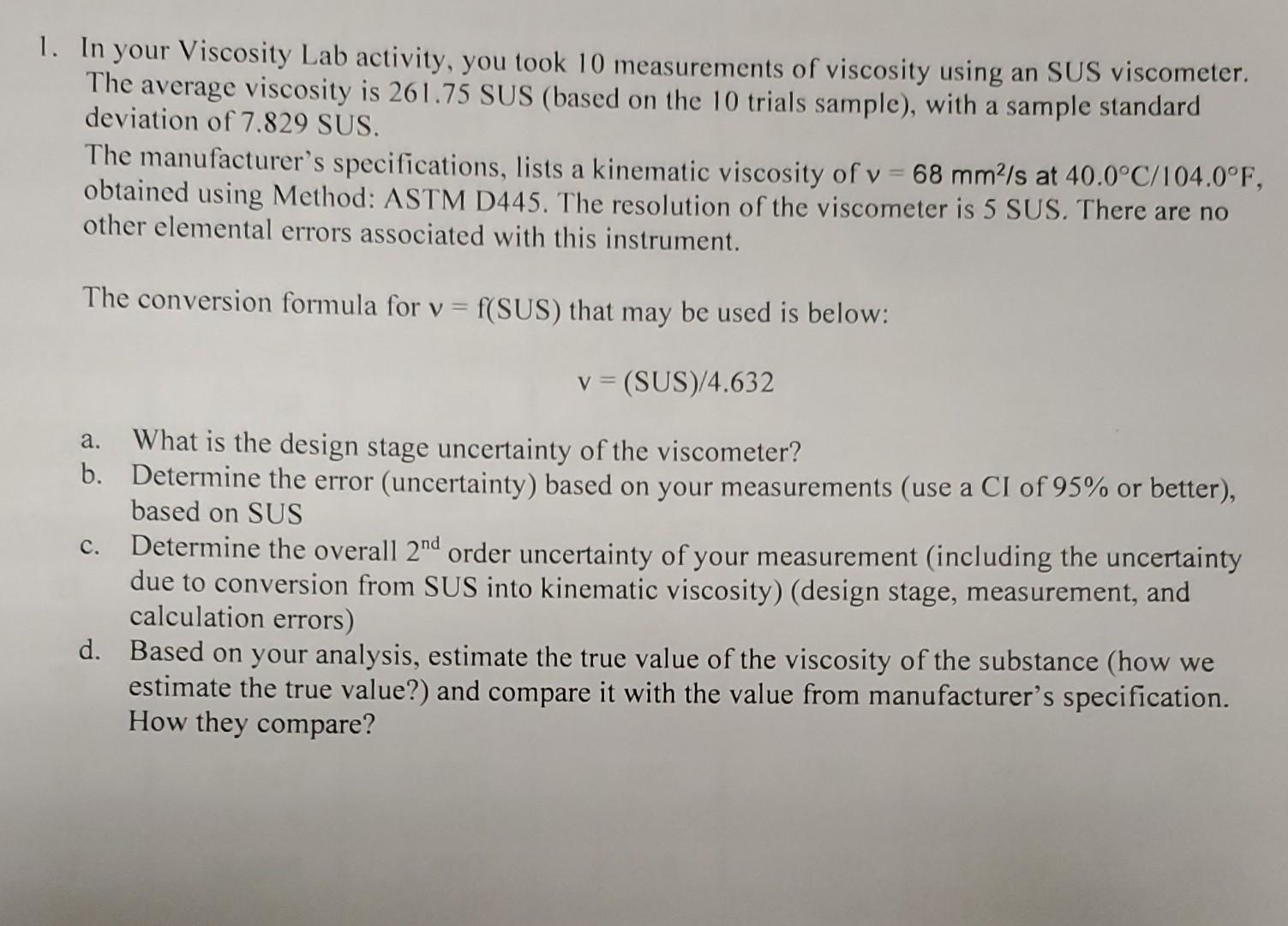 Solved In your Viscosity Lab activity, you took 10