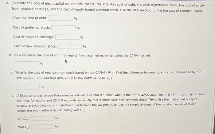 b. Now calculate the cost of common equity from retained earnings, using the CAPM method.
c. What is the cost of new common s