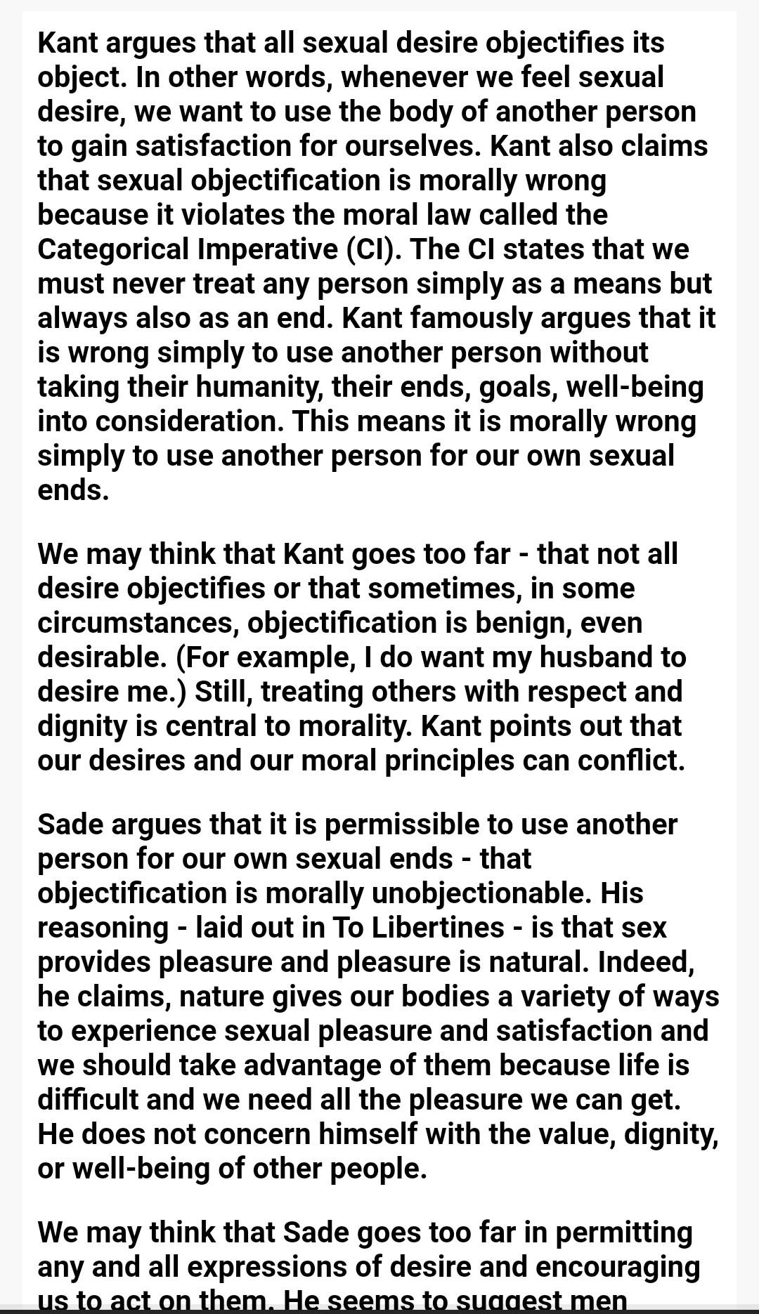 Solved Kant argues that all sexual desire objectifies its | Chegg.com