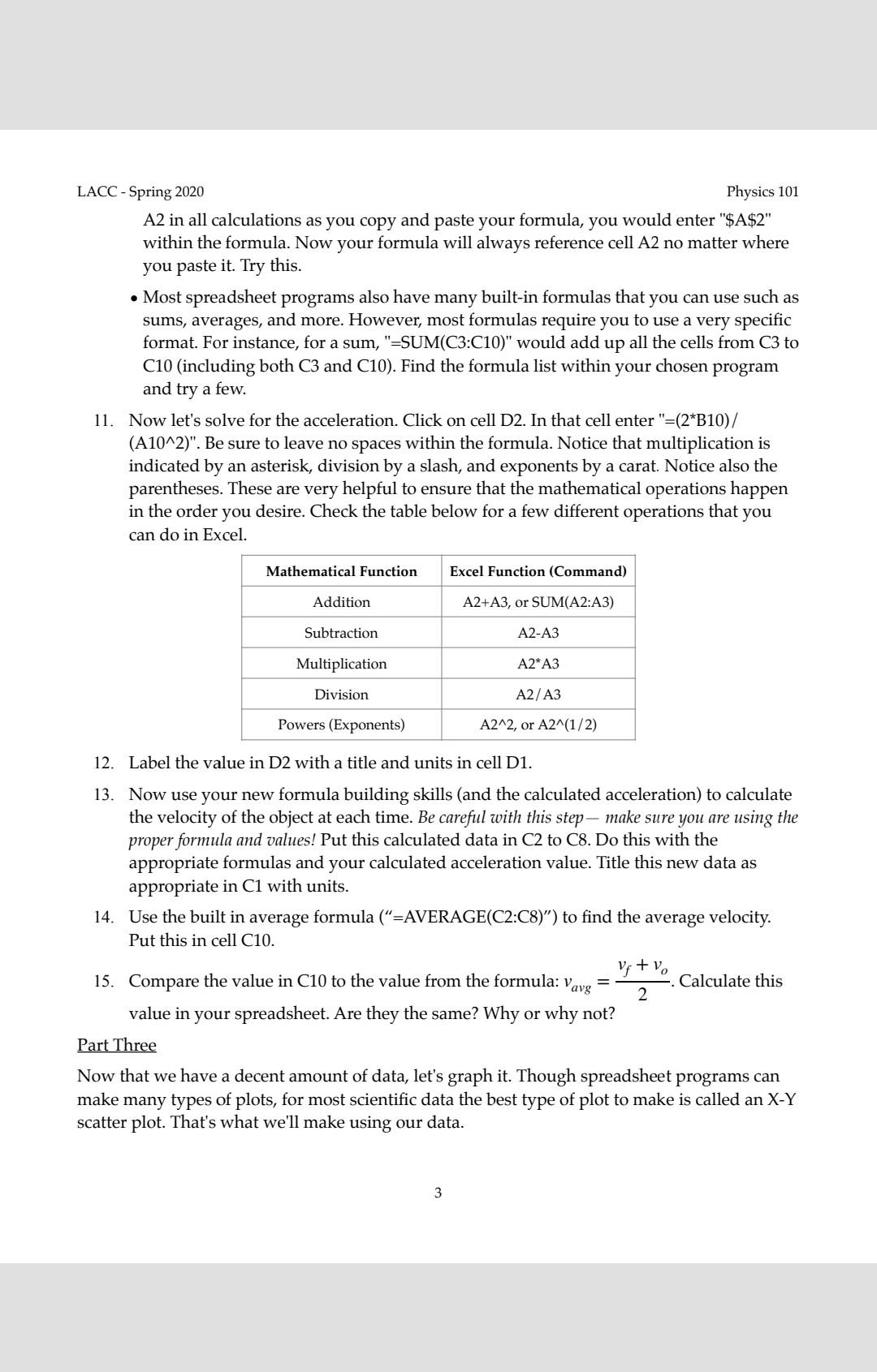 LACC - Spring 2020 Physics 101 Lab 4: EXCEL Equipment | Chegg.com