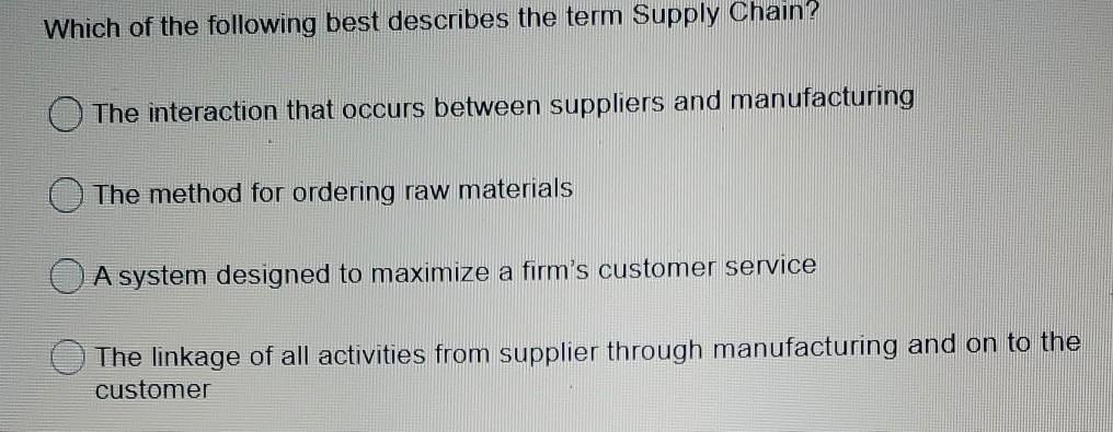 Solved Which of the following best describes the term Supply | Chegg.com