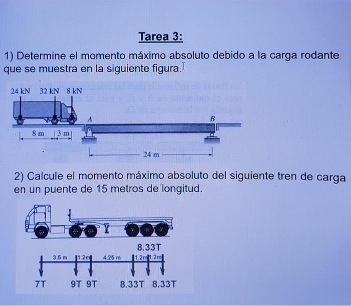 1) Determine el momento máximo absoluto debido a la carga rodante que se muestra en la siguiente figura. 2) Calcule el moment