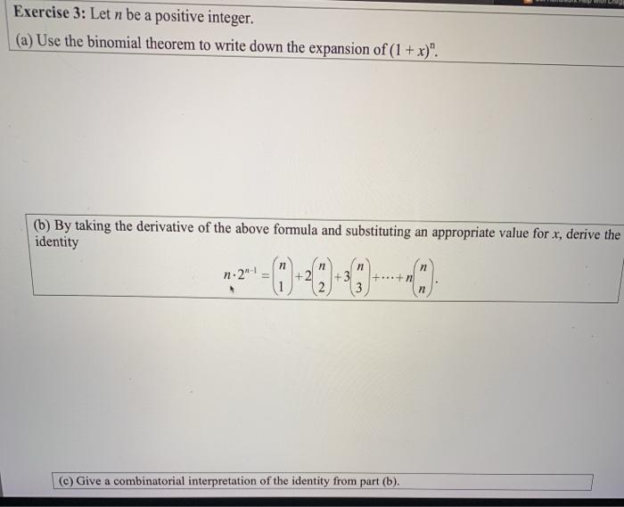 Solved Exercise 3: Let n be a positive integer. (a) Use the | Chegg.com