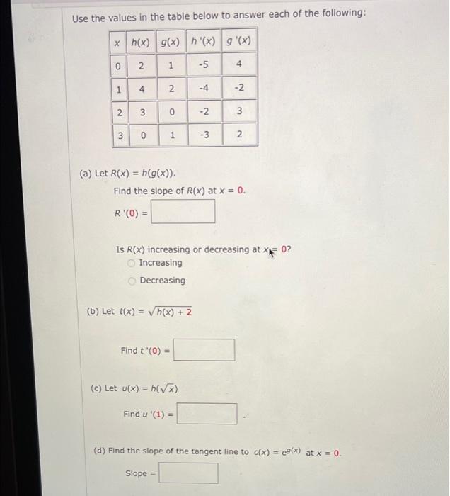 Solved Use the values in the table below to answer each of | Chegg.com