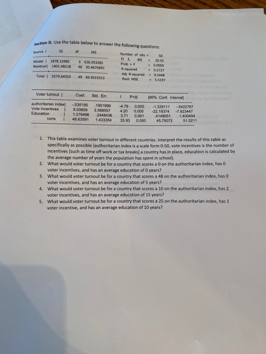 Solved saction D. Use the table below to answer the | Chegg.com