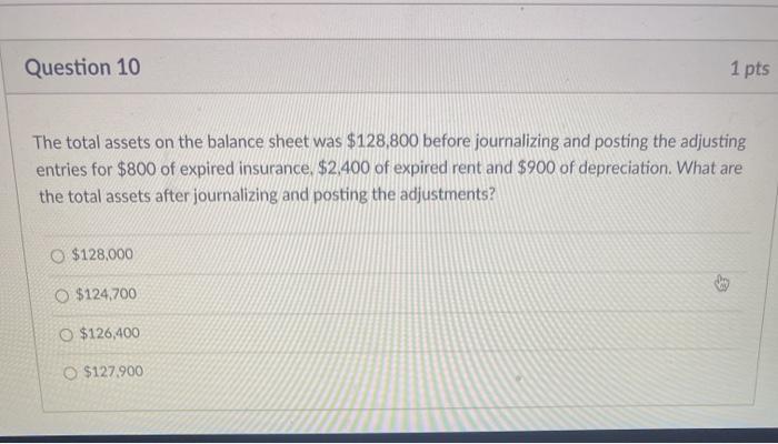 Solved Question 10 1 pts The total assets on the balance | Chegg.com