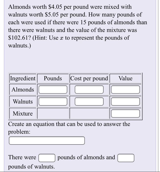 Solved Almonds Worth 4 05 Per Pound Were Mixed With Walnuts Chegg solved-almonds-worth-4-05-per-pound-were-mixed-with-walnuts-chegg