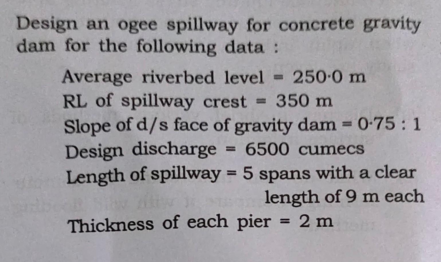 Solved Design an ogee spillway for concrete gravity dam for | Chegg.com