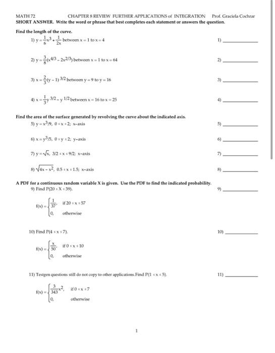 Solved MATH 72 CHAPTER 8 REVIEW FURTHER APPLICATIONS of | Chegg.com