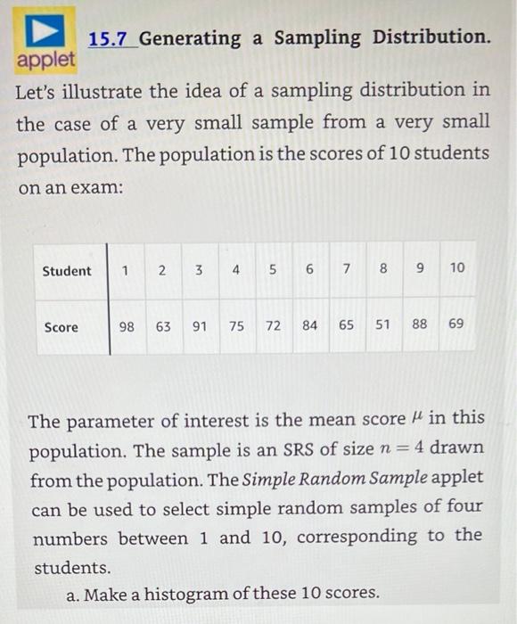 Solved 15 7 generating a sampling distribution applet let s chegg