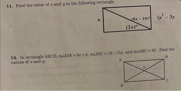 find the value of x and y in following rectangle