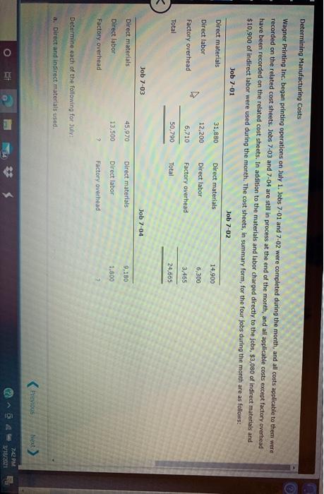 Solved Determining Manufacturing Costs Wagner Printing Inc. | Chegg.com