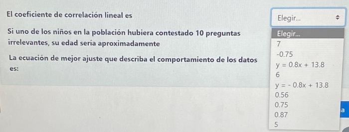 El coeficiente de correlación lineal es Si uno de los niños en la población hubiera contestado 10 preguntas irrelevantes, su