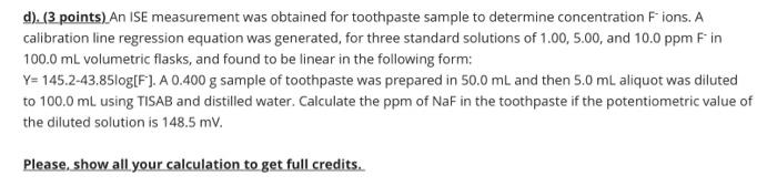 Solved d).(3 points) An ISE measurement was obtained for | Chegg.com