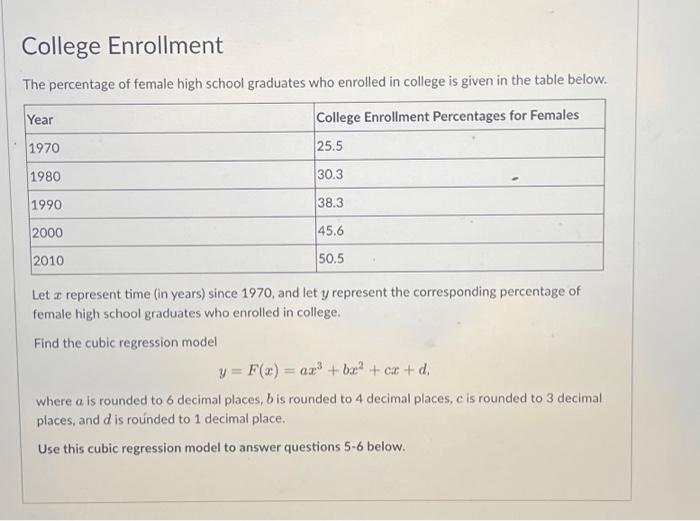 Solved College Enrollment The percentage of female high | Chegg.com