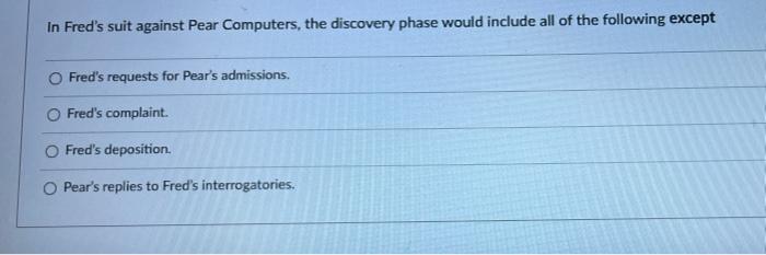 Solved In Fred's suit against Pear Computers, the discovery | Chegg.com