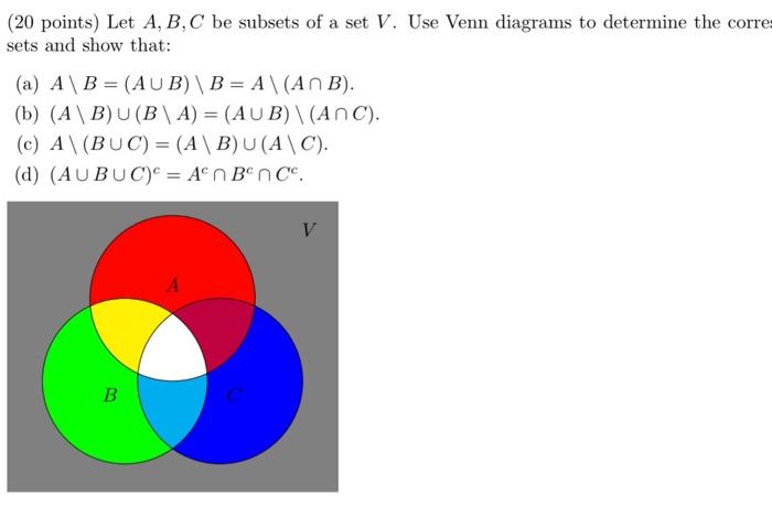 Solved (20 Points) Let A, B, C Be Subsets Of A Set V. Use | Chegg.com