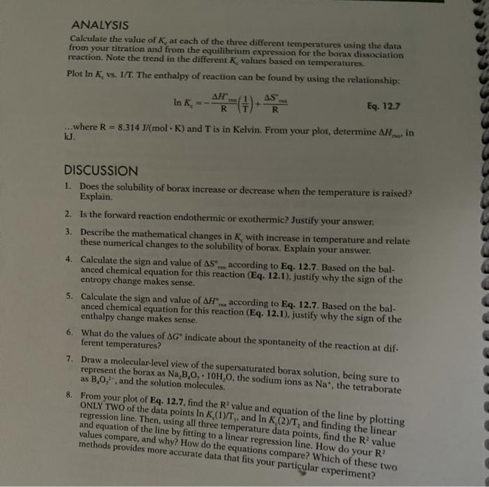 Solved ANALYSIS Calculate the value of K, at each of the | Chegg.com