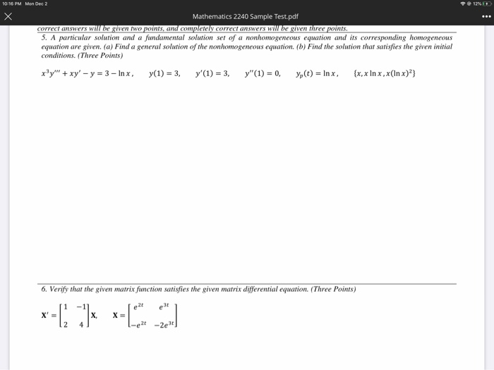 Solved 10:16 PM Mon Dec 2 Mathematics 2240 Sample Test.pdf | Chegg.com