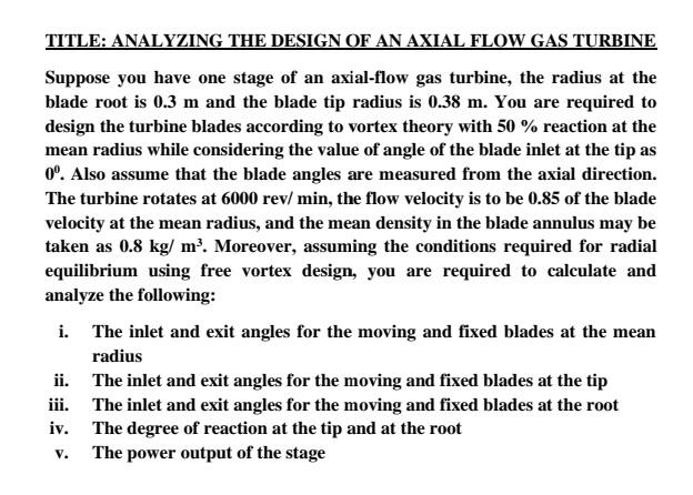 Solved TITLE: ANALYZING THE DESIGN OF AN AXIAL FLOW GAS | Chegg.com