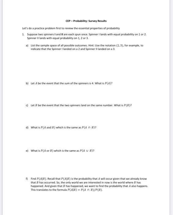 Solved CEP - Probability: Survey Results Let's do a practice | Chegg.com