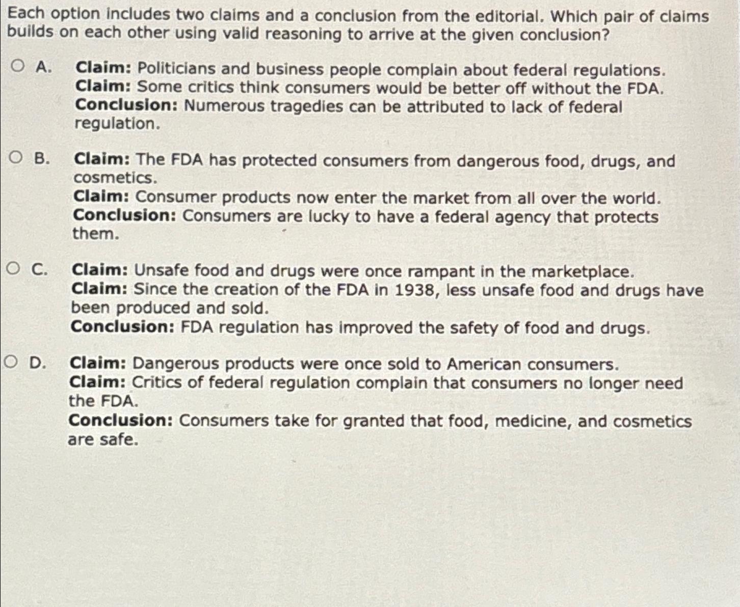 Solved Each option includes two claims and a conclusion from | Chegg.com