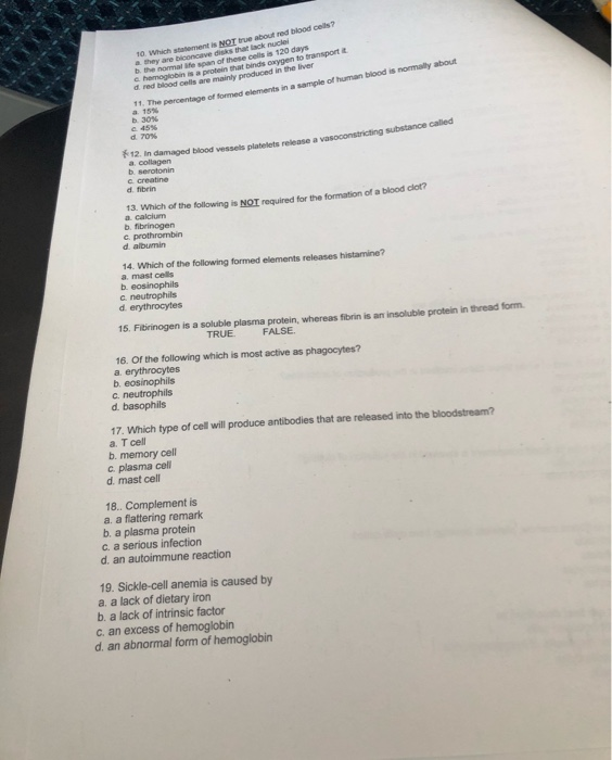 Solved 10 Which Statement Is NOT True About Red Blood Cells Chegg