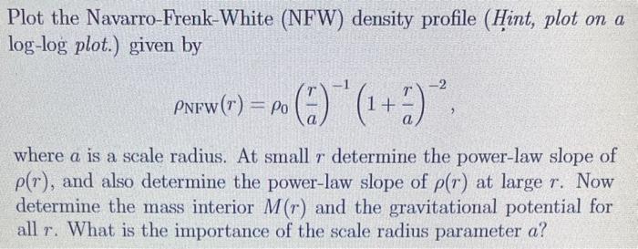 Solved Plot the Navarro-Frenk-White (NFW) density profile | Chegg.com