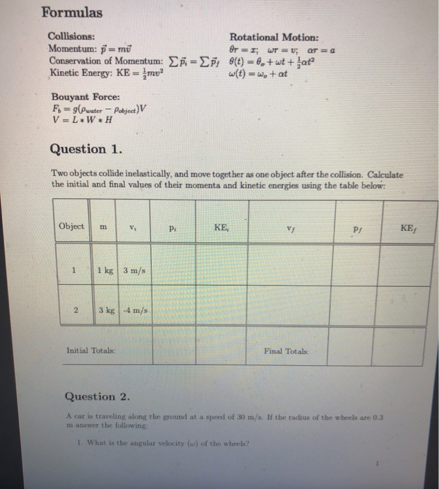 Solved Formulas Collisions: Momentum: P = Mu Conservation Of | Chegg.com