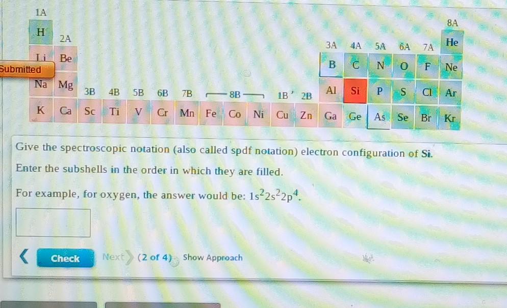 Solved 1A SA H 2A 3A 4A SA He 6A 7A B C С Be Submitted Na Mg | Chegg.com
