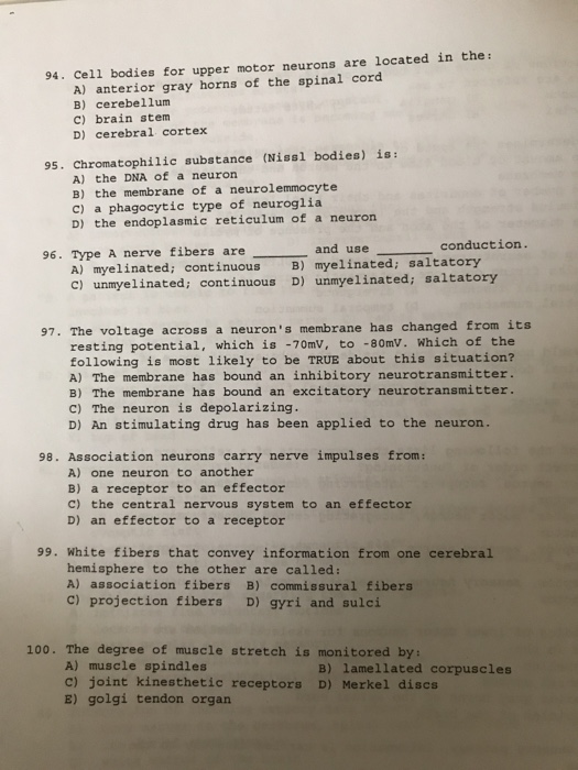 Solved 94. Cell bodies for upper motor neurons are located | Chegg.com