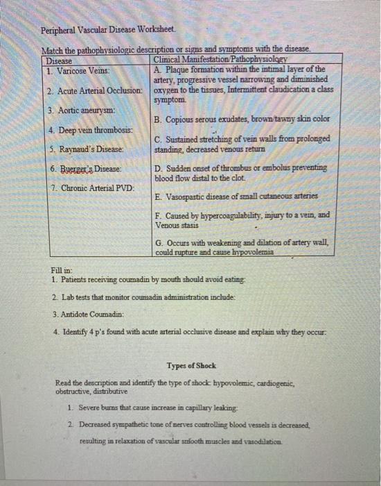 Peripheral Vascular Disease Worksheet. Match the pathophysiologic description or signs and symptoms with the disease. Disease