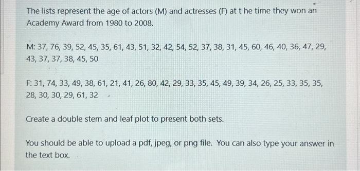 Solved The lists represent the age of actors (M) and